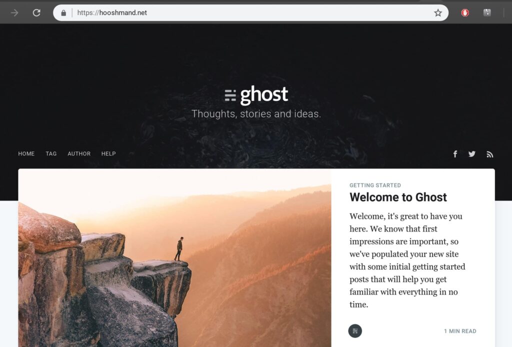 Screenshot of Ghost hosted on server