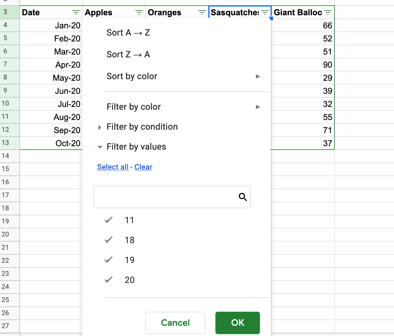 Tableau filtré dans Google Sheets