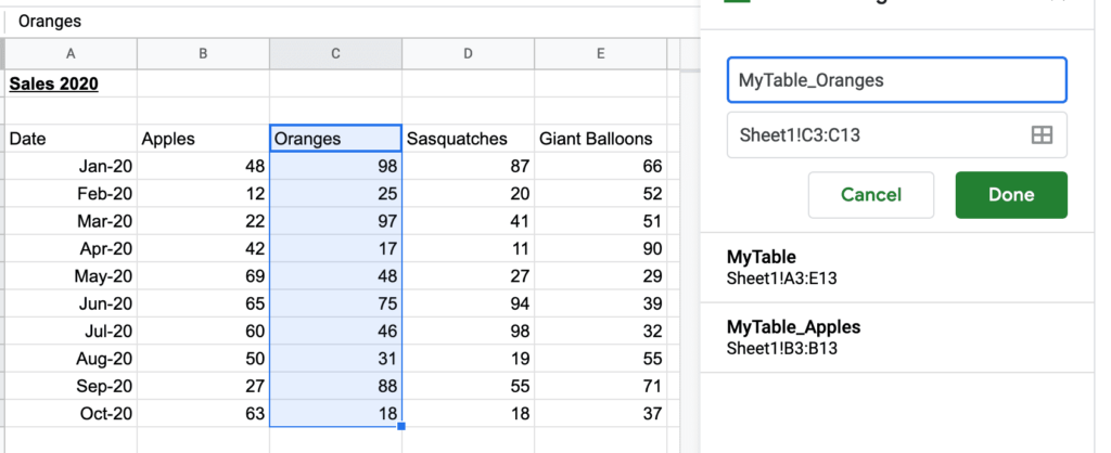 Colonne nommée dans Google Sheets