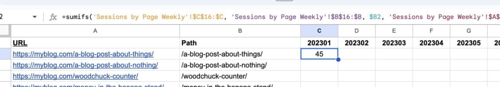 Using a sumifs formula to count traffic by page for a website