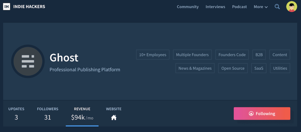 Ghost published revenue on indie hackers