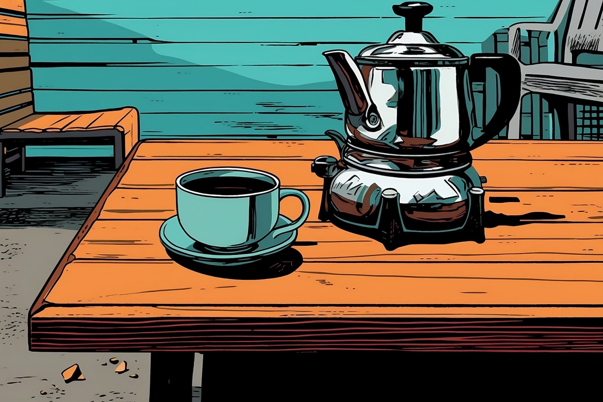 Black coffee and coffee pot on table