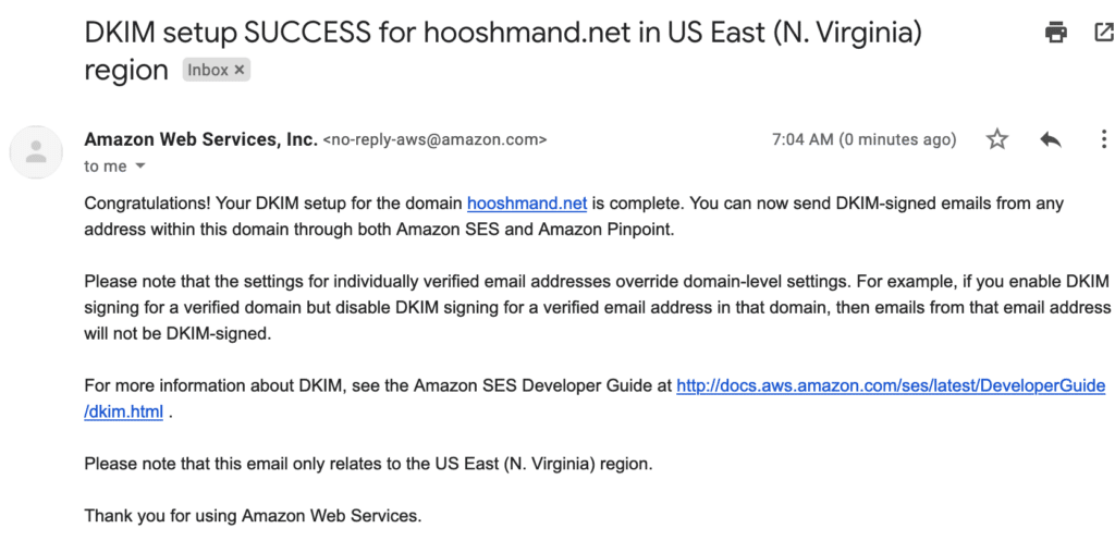 How to set up DKIM on Cloudflare 4 DKIM success email from Amazon after setting it up.