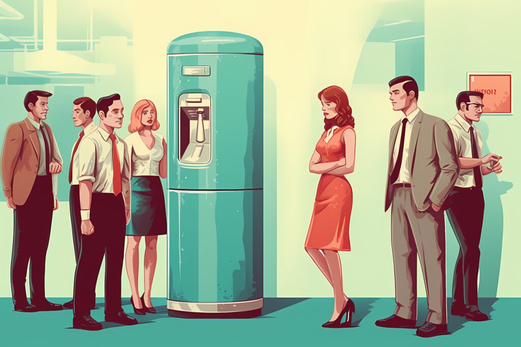 people standing around water cooler not talking to each other