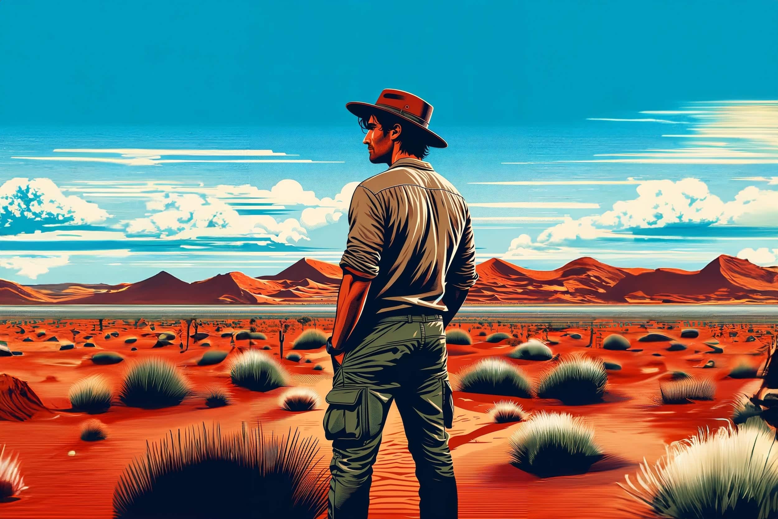 australian persian man contemplating desert.