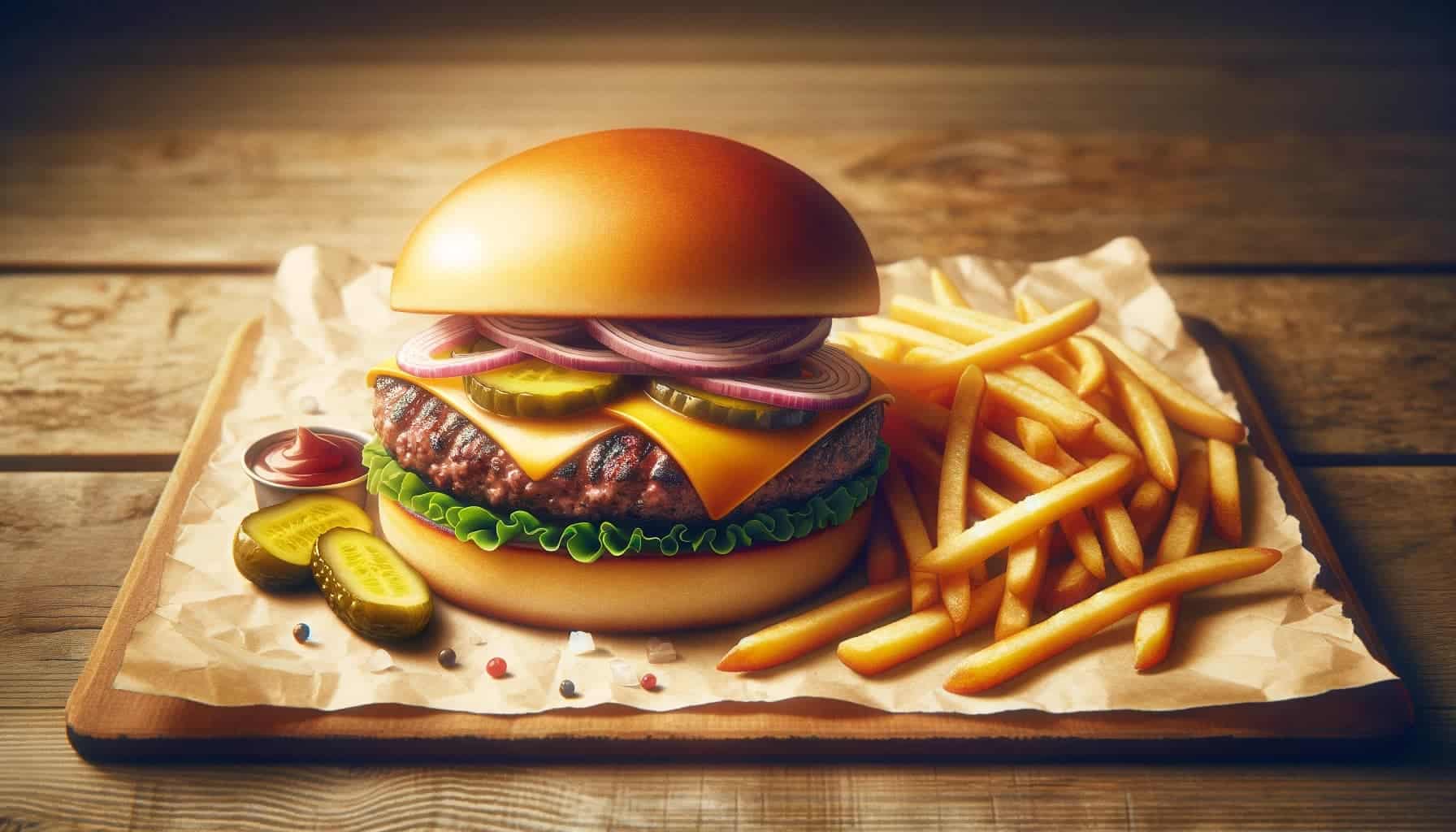 pub-style cheeseburger and fries. for article about things I love about america