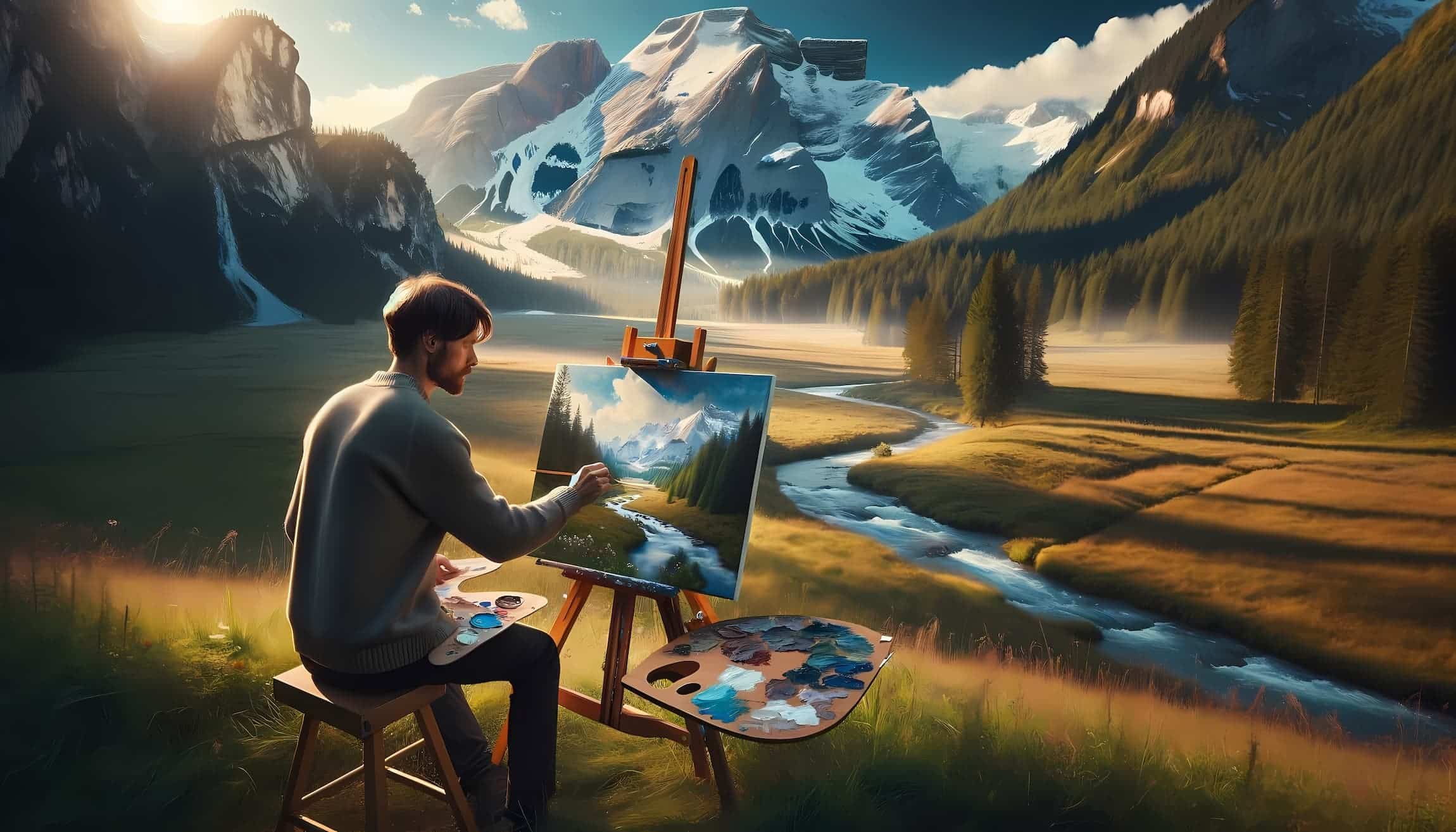 painting as a hobby of a stream and mountains