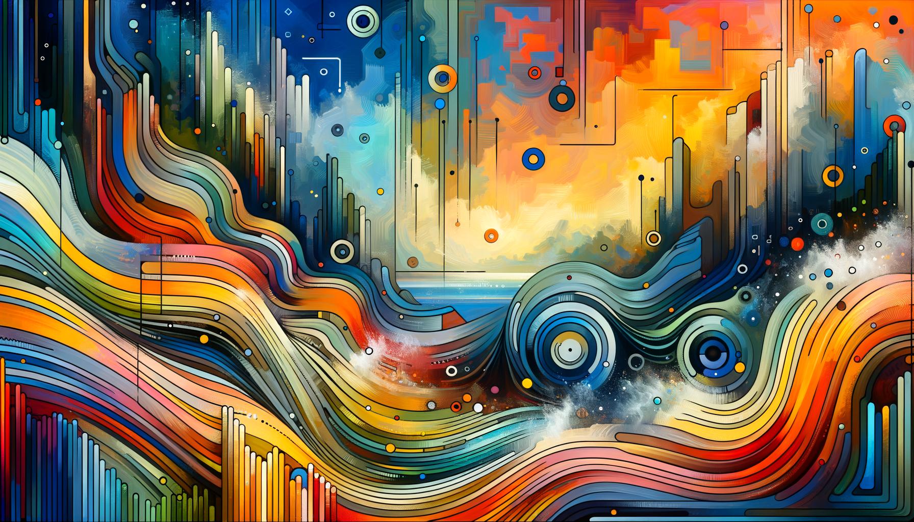 HOOSHMAND.NET 8 Abstract landscape art piece with vibrant and dynamic shapes representing creativity and automation, with subtle digital elements.