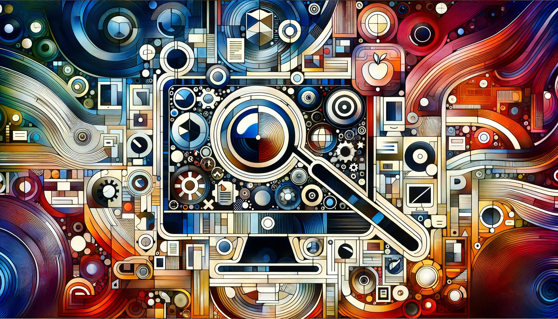 Abstract representation of a computer monitor with creative website symbols and a magnifying glass symbolizing search and exploration.