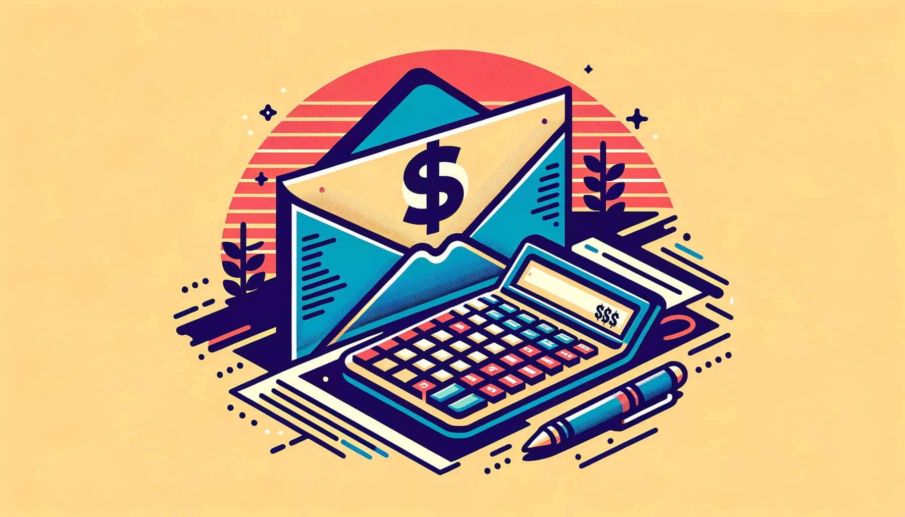 Illustration of an envelope with a $ symbol and a calculator symbolizing finance and calculation.