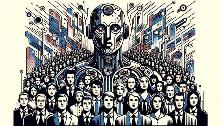 Graphic illustration of a futuristic organization hierarchy with a mix of robot and human faces representing diverse descents.