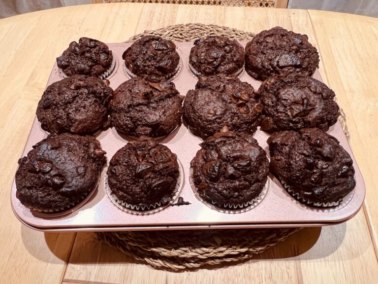 double chocolate muffins on tray
