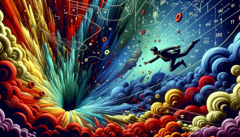 man falling into chasm of numbers and charts