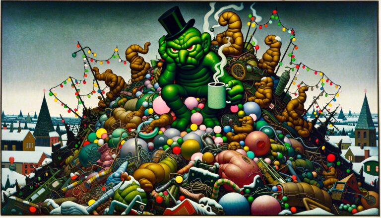 An abstract landscape featuring a grumpy green imp perched on a pile of discarded festive decorations, including deflated inflatable figures and tangled lights, holding a steaming mug. The artwork combines various shapes, colors, and textures, evoking a humorous critique of holiday commercialization.