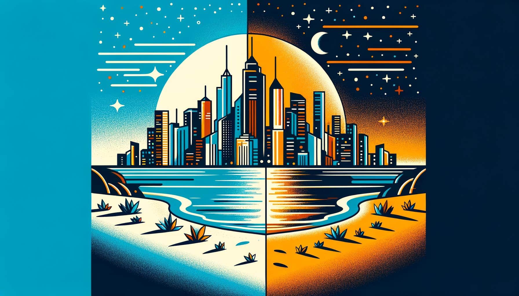 A split graphic illustration featuring a serene beach scene with a setting sun and minimalist design on one side, and a vibrant city skyline with towering skyscrapers illuminated at night on the other side. An abstract question mark shape is subtly overlaid at the center, symbolizing the choice between a simple lifestyle and ambition.