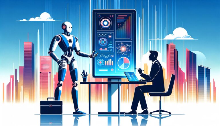 A minimalist illustration of a confident human figure interacting with a large, friendly robot over a digital screen filled with data, set against a vibrant cityscape symbolizing growth and technology.