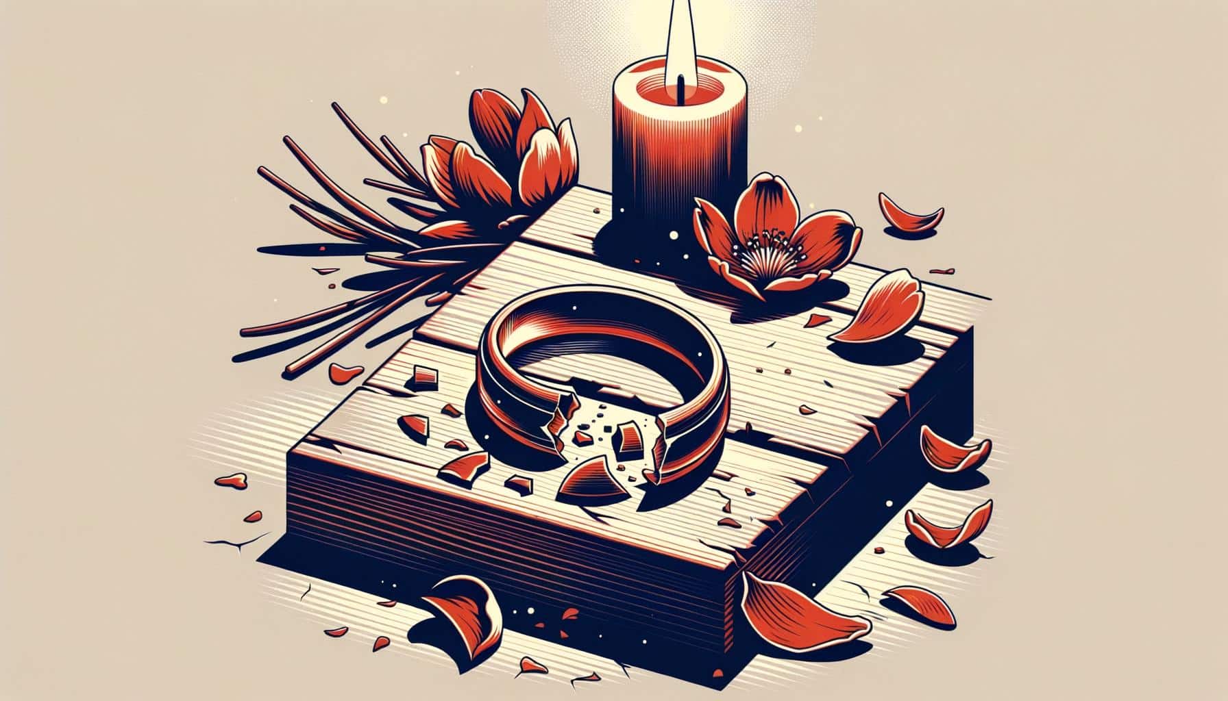 A minimalist graphic illustration of a broken wedding ring lying on a wooden table, surrounded by scattered flower petals and a candle, illuminated by soft lighting to evoke a contemplative atmosphere.