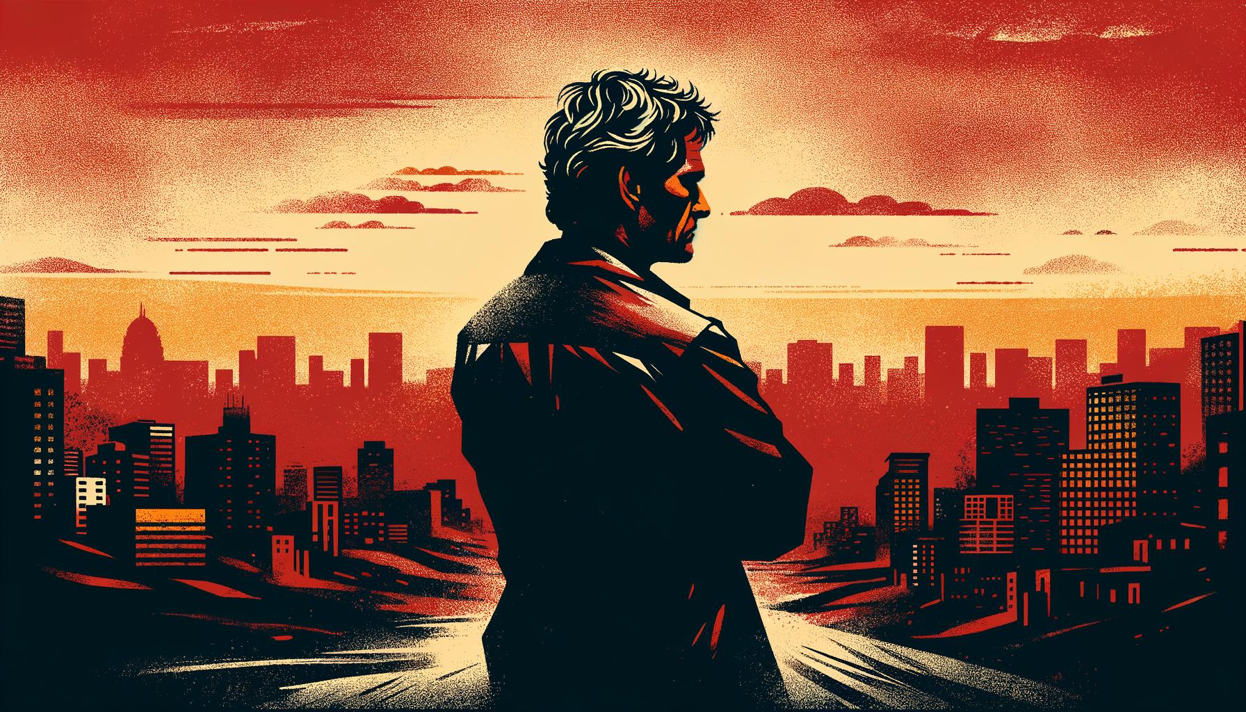 A minimalist graphic illustration featuring a blurred cityscape background in bold colors of red, orange, and black. In the center, a silhouette of a middle-aged Hispanic man with salt-and-pepper hair is depicted, facing away from the viewer, conveying a mood of anger and rage.