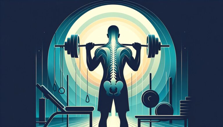 A high-end graphic illustration featuring a silhouette of a person lifting weights, with a subtle spine curve. The individual is surrounded by a calming gradient of blues and greens, symbolizing healing. Faint outlines of gym equipment are visible in the background, emphasizing themes of strength and recovery.
