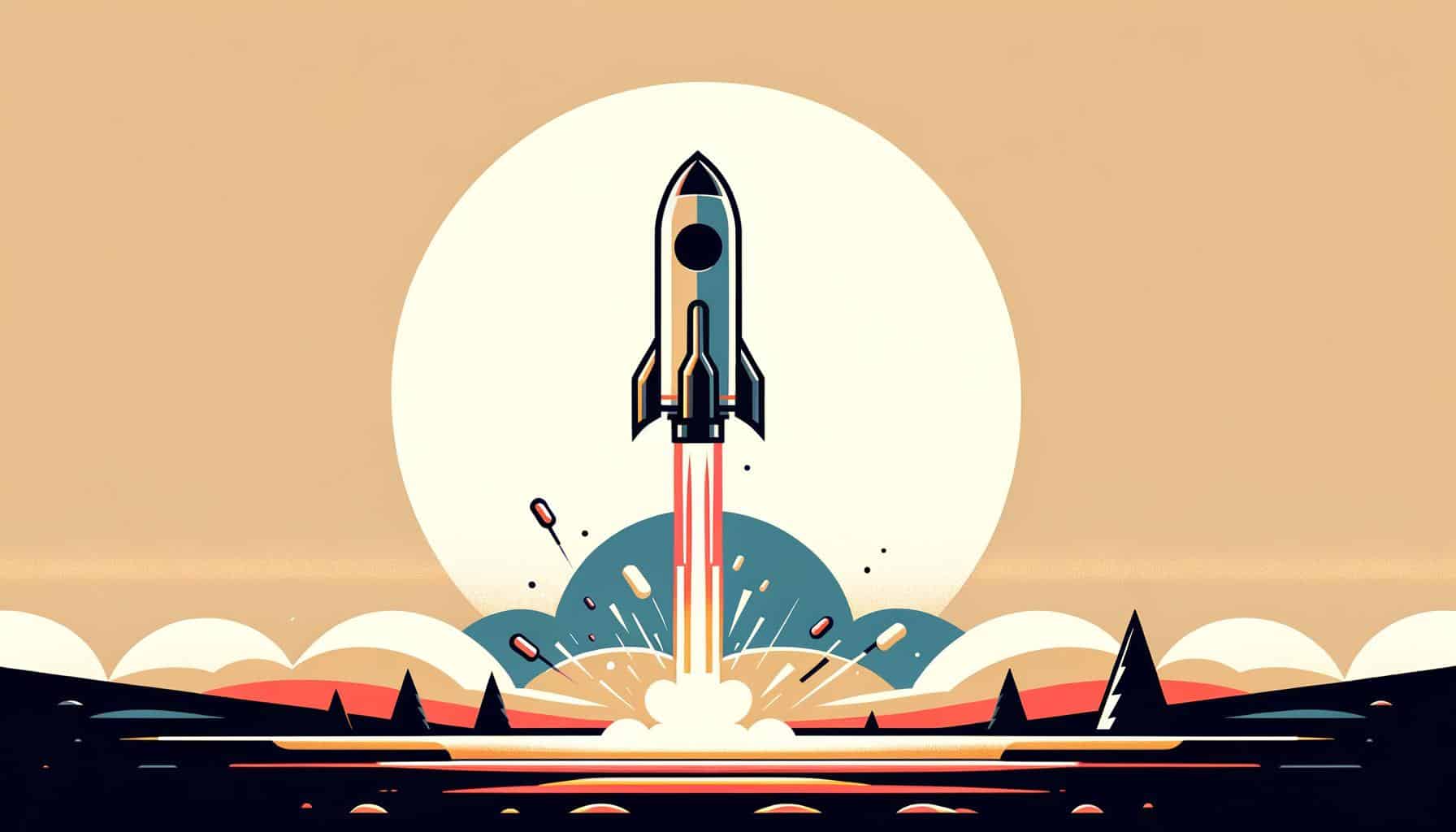 A vibrant cartoon-style rocket launches into a clear sky, carrying a swarm of bugs, set against a simplistic landscape. The illustration features bold strokes and colors, emphasizing a minimalistic design suitable for glossy magazines.