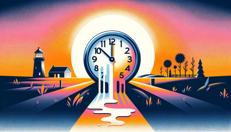 A whimsical clock with melting numbers under a bright sun, beside silhouettes of a farm. The background features a gradient from dawn to dusk, symbolizing daylight saving time confusion. The design is minimalist with bold colors and sharp lines.