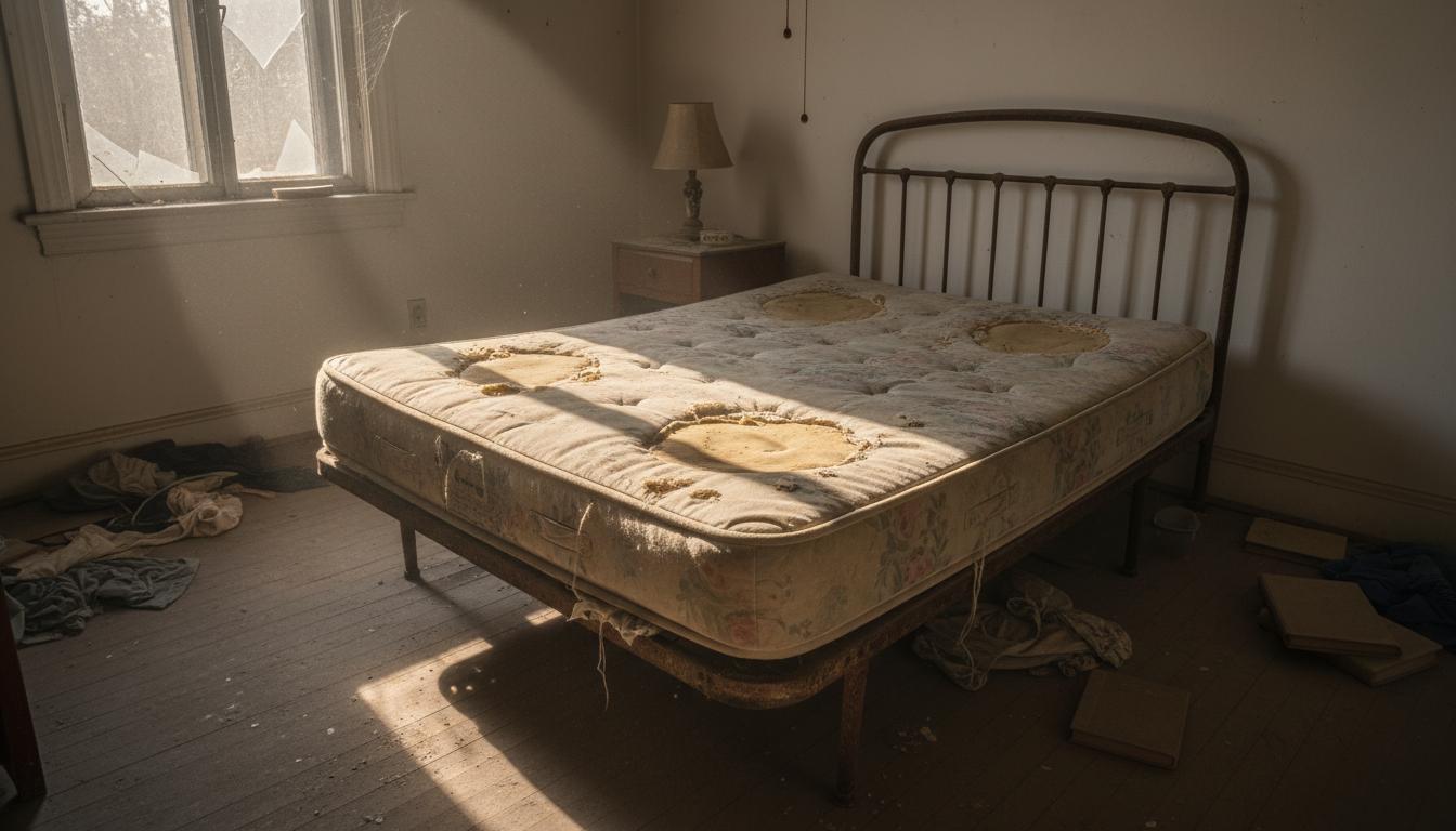 A vivid, crisp, highly-detailed photorealistic image of an old mattress in somewhat poor condition, resting on a bed frame in a dusty bedroom with dim lighting, captured with striking illumination.