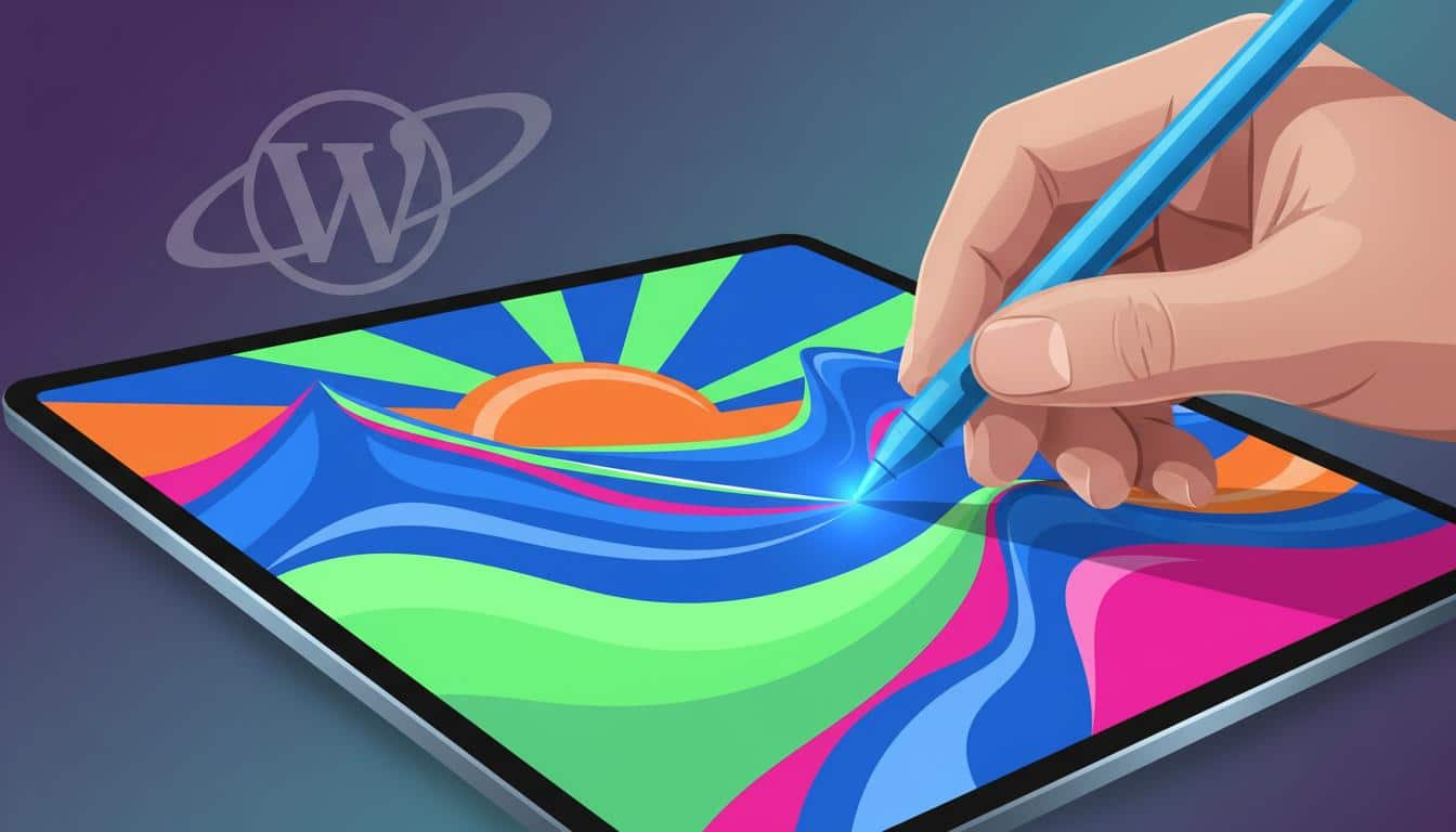 A high-quality, minimalist graphic illustration depicts a hand holding a glowing digital stylus, effortlessly drawing vibrant blog post cover art on a screen. A subtle WordPress logo is visible in the background, representing the "Cover Artist" plugin.
