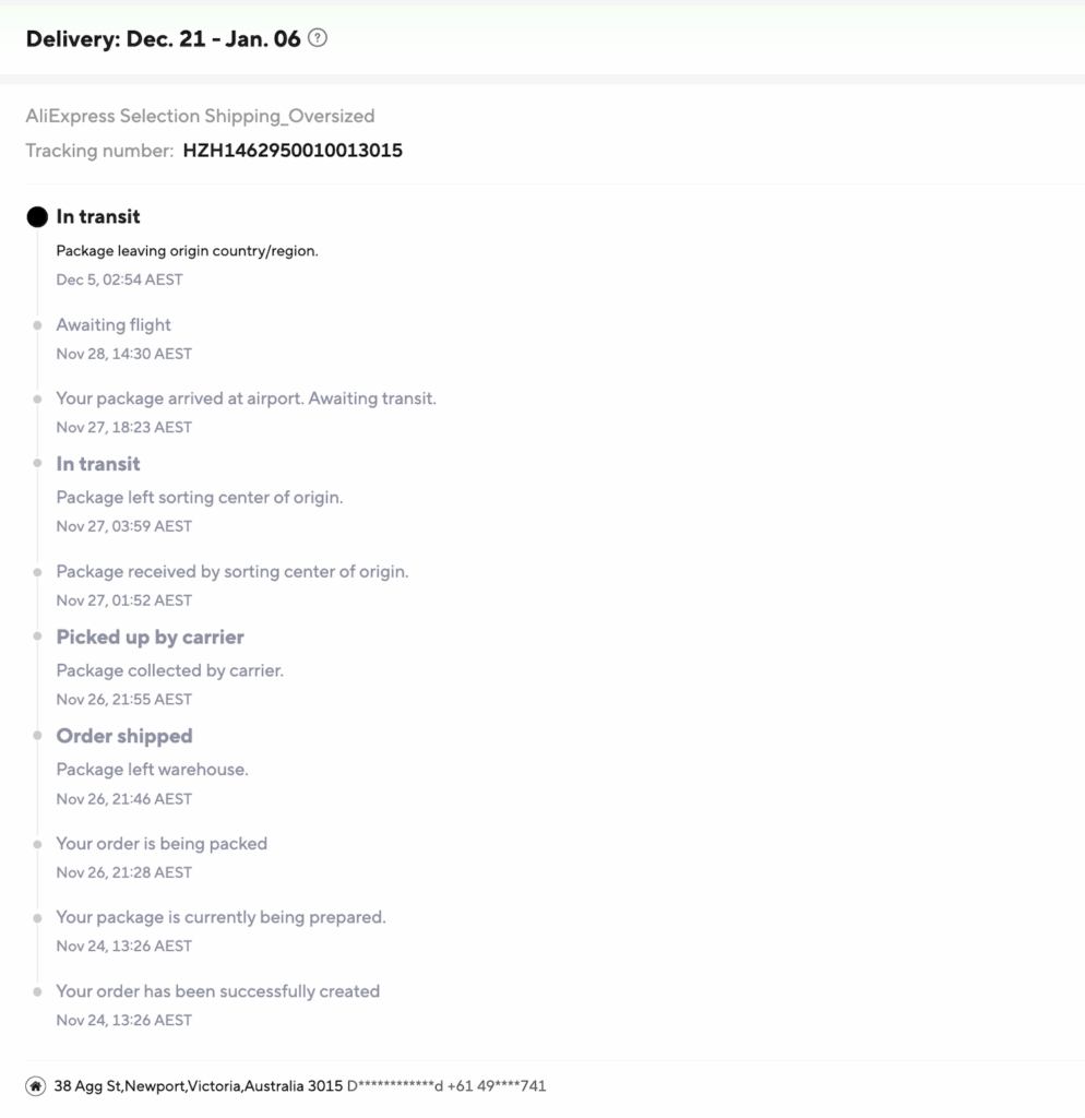 AliExpress Tracking as of 18 Dec