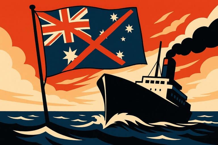 A minimalist graphic illustration features a large Australian flag with a bold red cross superimposed across it. The flag is mounted on the stern of a ship being cast out to sea. The design uses crisp lines and vibrant colors, evoking a high-end magazine style, with no text.