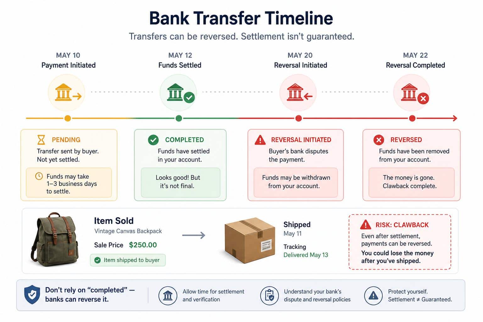 Timeline of a payment that is pending, completed, and later reversed, alongside a sold item and shipping box