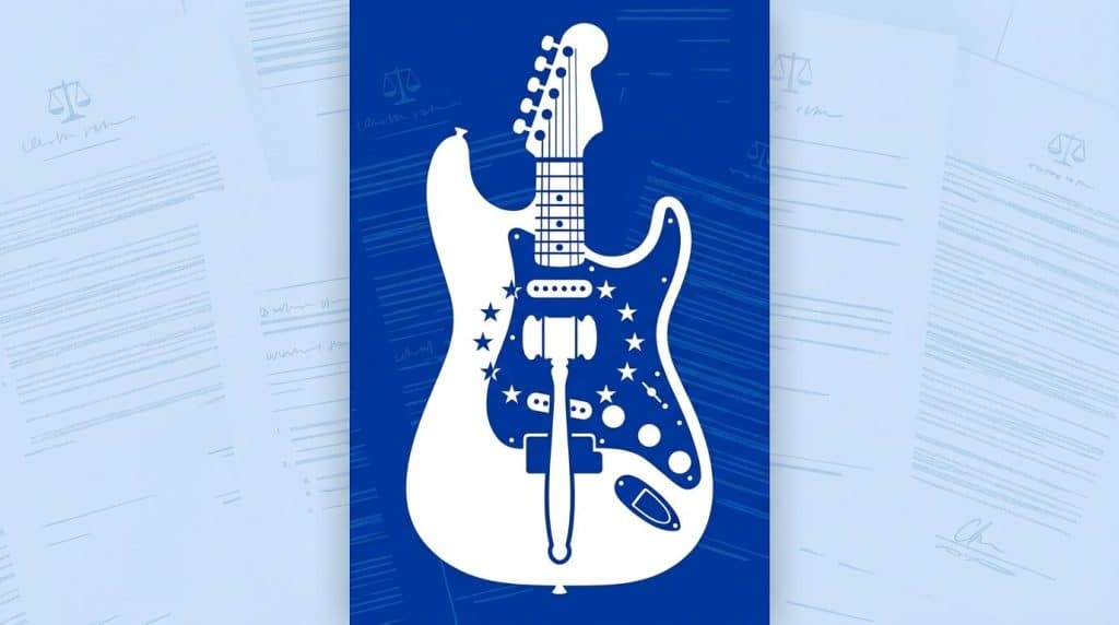 Minimal editorial illustration of a Stratocaster-style electric guitar silhouette overlaid with a courthouse gavel and EU stars, in a bold blue and white palette with subtle legal-document background textures.