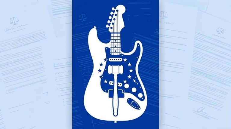 Minimal editorial illustration of a Stratocaster-style electric guitar silhouette overlaid with a courthouse gavel and EU stars, in a bold blue and white palette with subtle legal-document background textures.