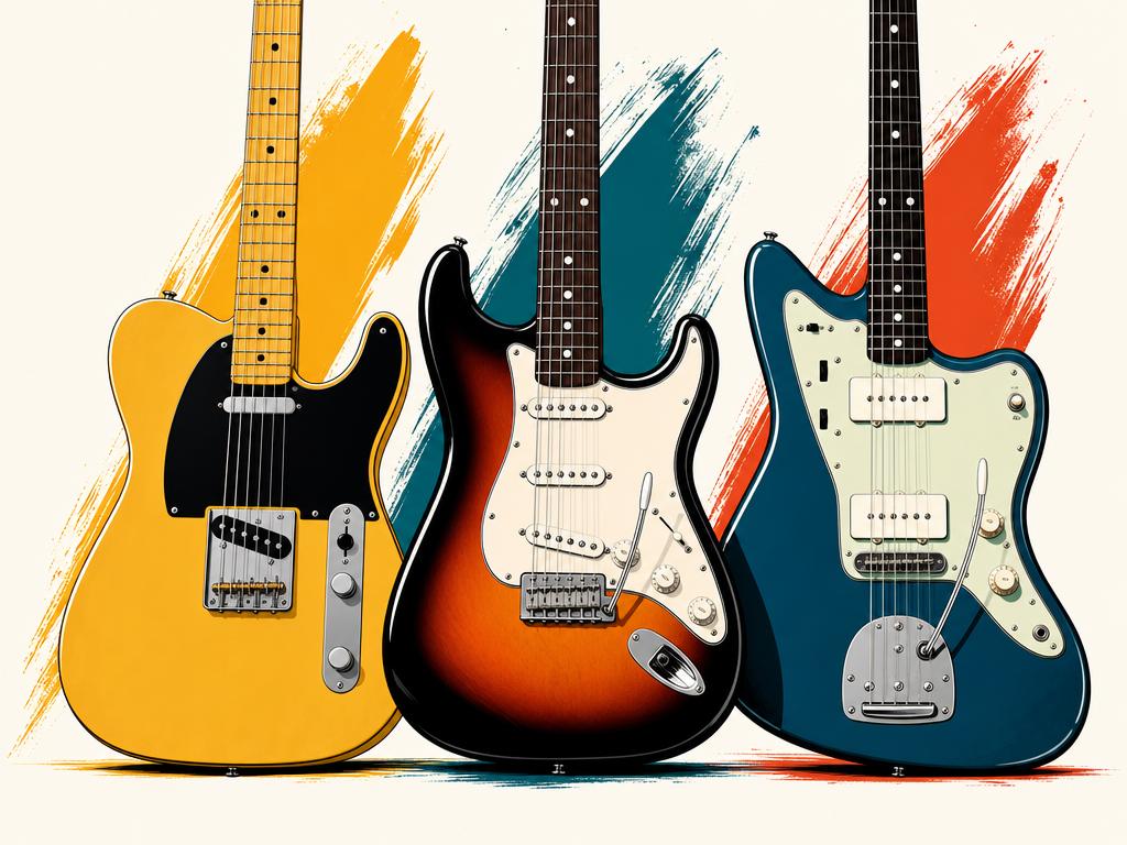 Minimalist graphic illustration showing black silhouettes of three Fender-style electric guitars: a Telecaster, a Stratocaster, and a Jazzmaster, arranged side by side on a plain background.