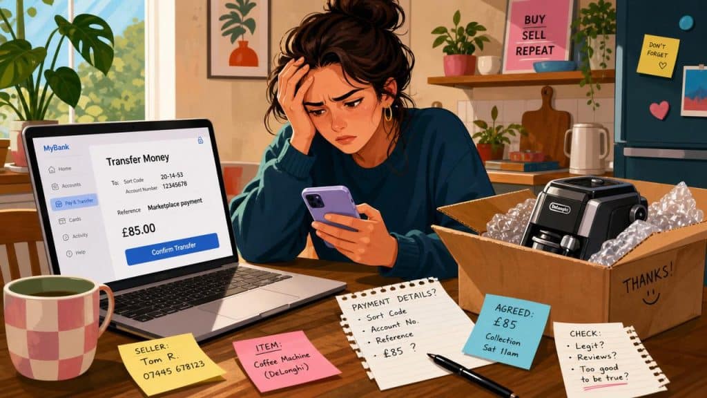 Frustrated person at a table reviewing a failed or uncertain digital payment while preparing a marketplace item for handover
