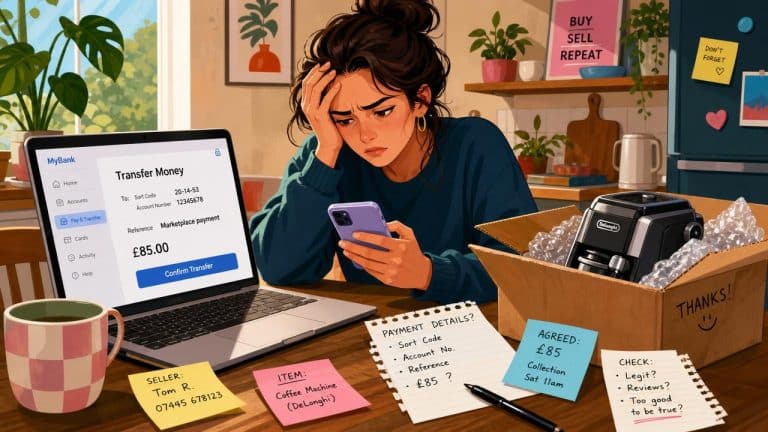 Frustrated person at a table reviewing a failed or uncertain digital payment while preparing a marketplace item for handover