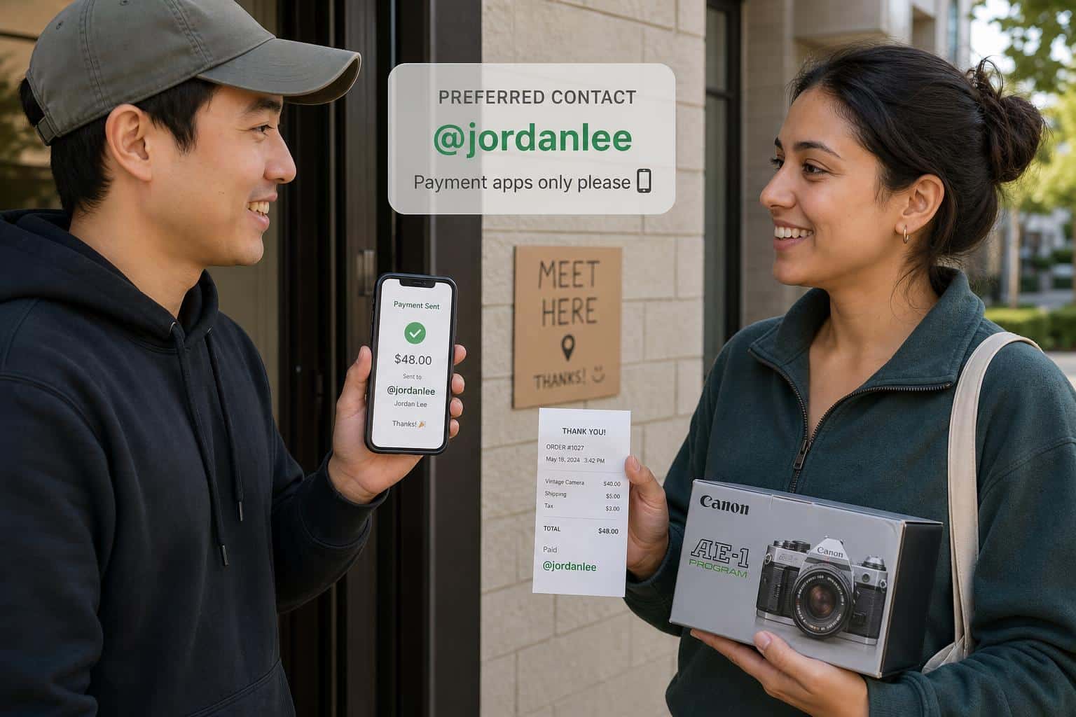 Marketplace handover scene showing a preferred username-style payment handle instead of sharing a phone number or email