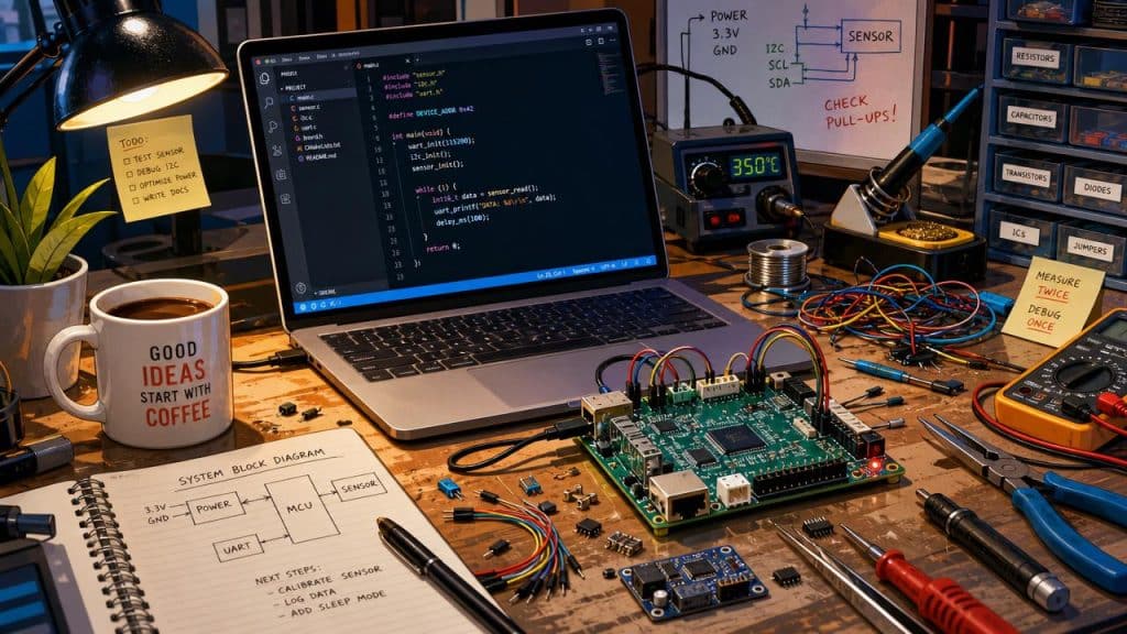 Laptop and circuit board on a workbench representing vibe coding and disposable software