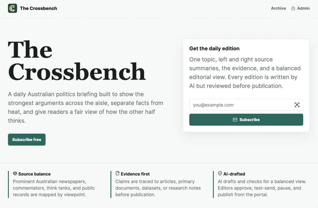 Crossbench — Balanced Australian Politics News (inspired by Tangle) 2 Crossbench political newsletter cover image