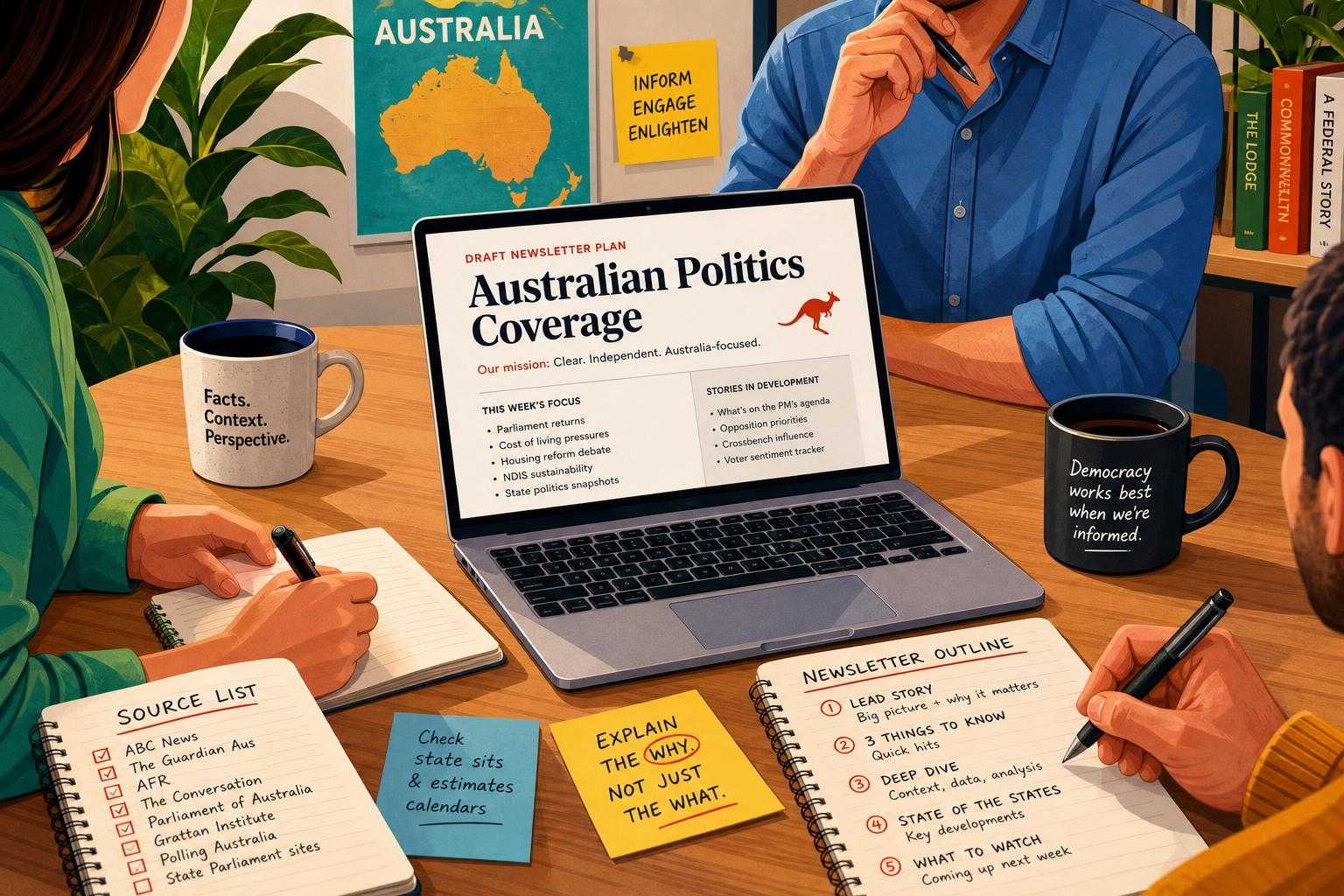 Launching Crossbench: My Australian Tangle Clone 3 Workspace showing newsletter research workflow and planning for Crossbench