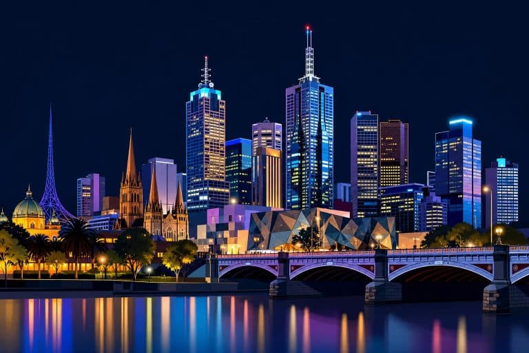 Stylized illustration of the Melbourne skyline at night with bold, crisp colours and sharp lines, shown in a simple minimalist design with a vibrant, energetic feel.