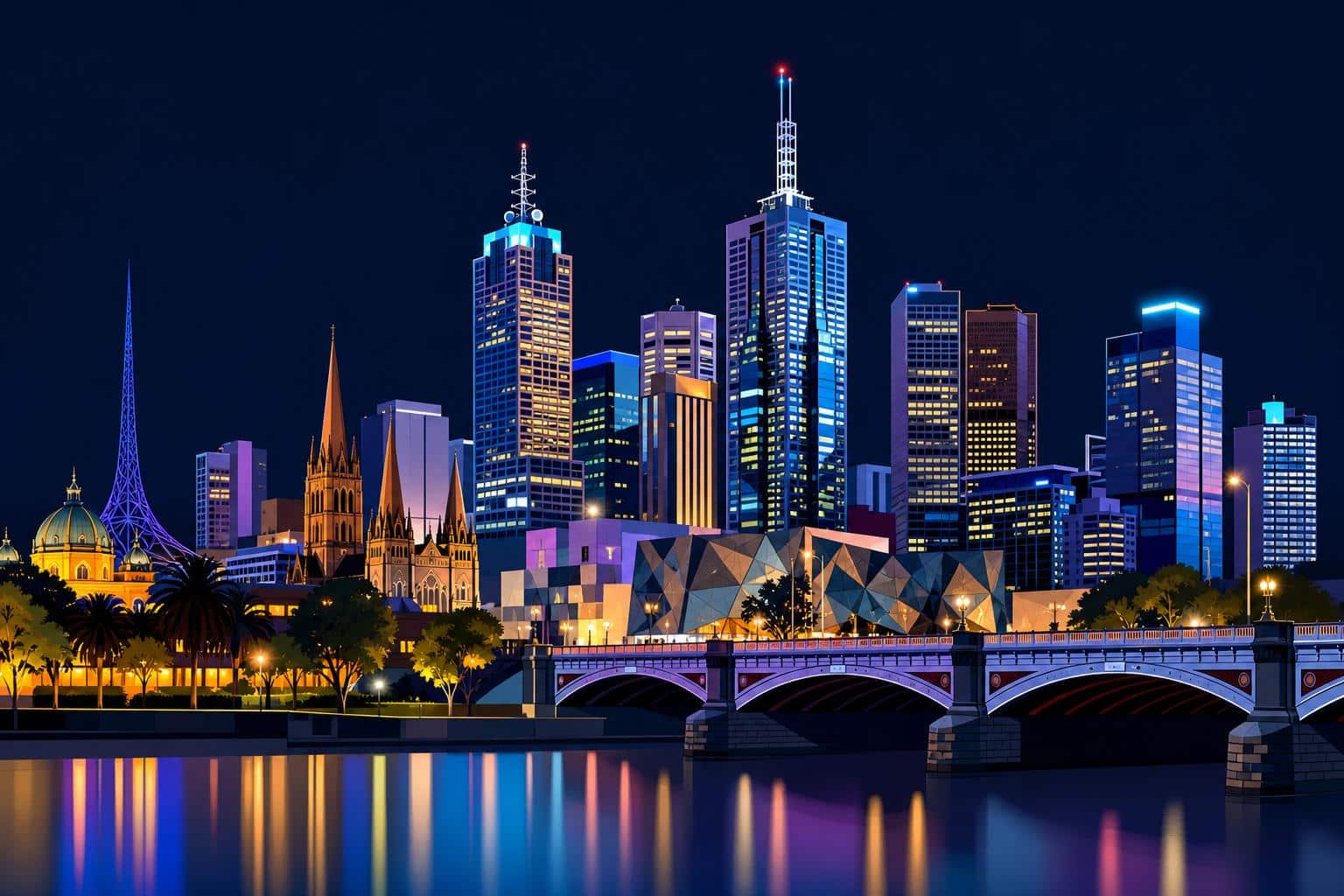 Stylized illustration of the Melbourne skyline at night with bold, crisp colours and sharp lines, shown in a simple minimalist design with a vibrant, energetic feel.