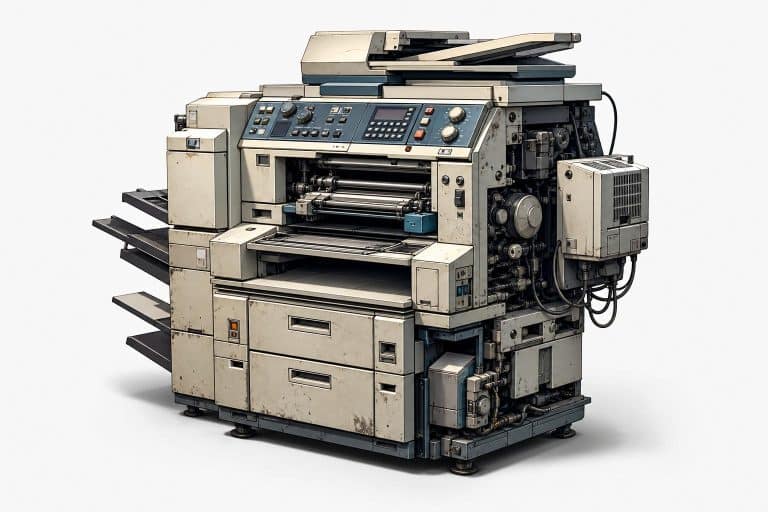 A high-quality minimalist illustration of an extremely complicated, outdated office printer with bold colors and sharp lines, suggesting the frustration and absurdity of IT department support.