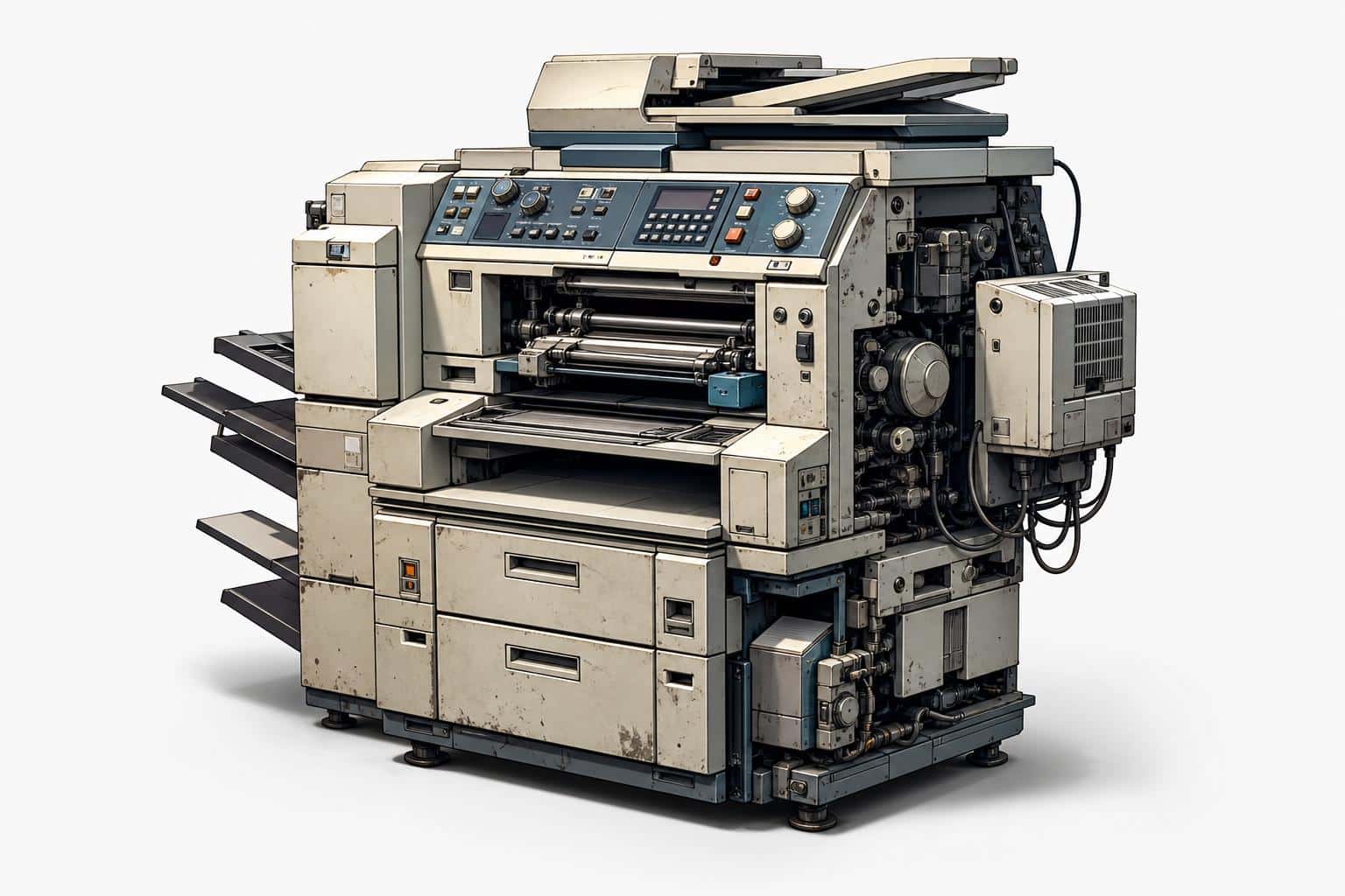 A high-quality minimalist illustration of an extremely complicated, outdated office printer with bold colors and sharp lines, suggesting the frustration and absurdity of IT department support.