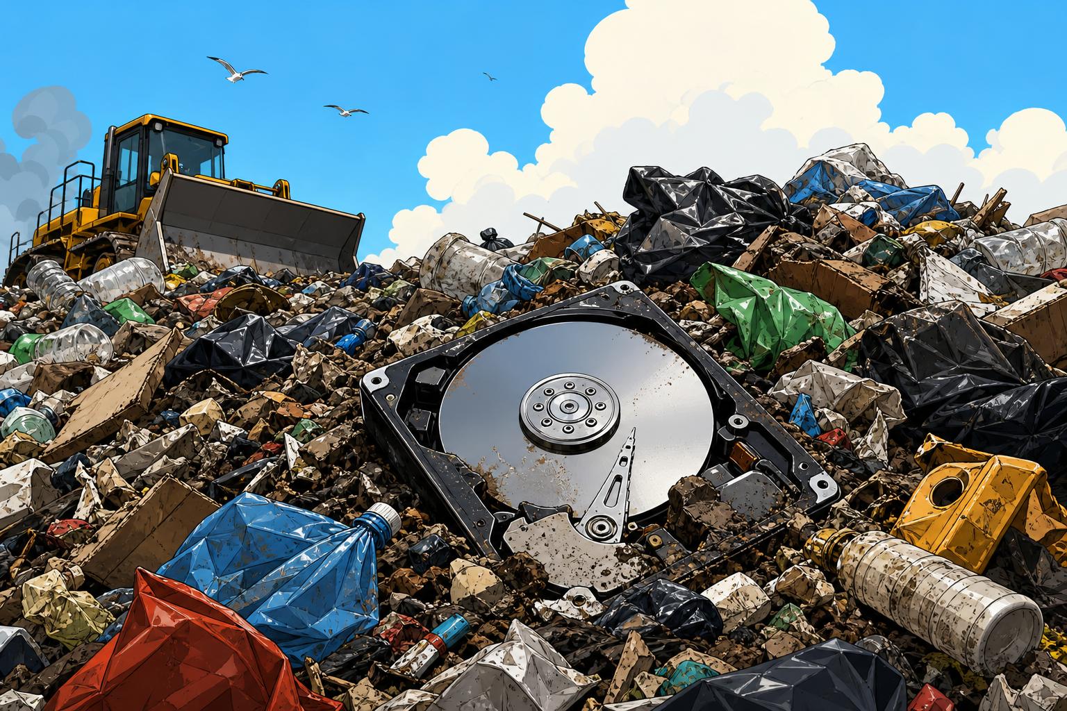 Cartoon illustration of a hard drive buried beneath a mountain of garbage at a landfill, drawn with bold crisp colours and simple sharp lines.