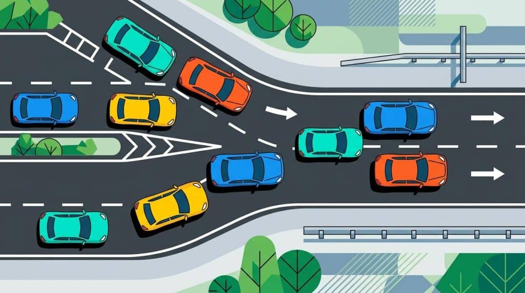 Australia's Hatred of the Zipper Merge is Wrong 2 Top-down minimalist graphic of cars merging in a zipper pattern on a freeway, with two lanes narrowing into one in bold, crisp colours and sharp lines.