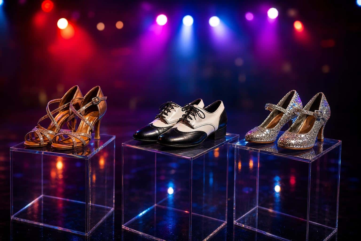 What Style of Salsa to Learn in Melbourne (or Australia generally) 1 Three pairs of salsa dance shoes displayed on glass podiums under colorful performance lighting: mambo heels on the first, Cuban shoes on the second, and glittery performance dance shoes on the third.