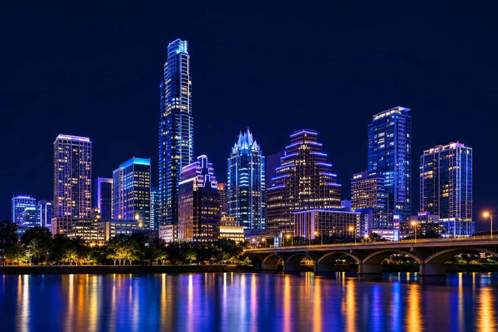 Stylized illustration of the Austin, Texas skyline at night across Lady Bird Lake, with blue, purple, and amber lights reflected in the water.