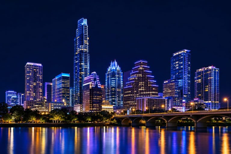 Stylized illustration of the Austin, Texas skyline at night across Lady Bird Lake, with blue, purple, and amber lights reflected in the water.