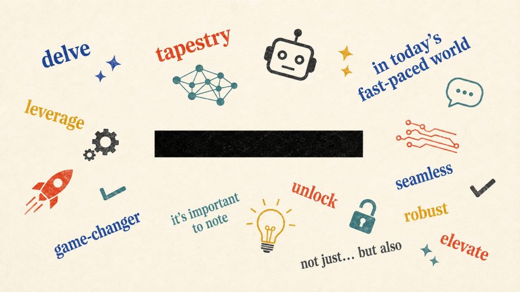 AI writing clichés and symbols orbiting a giant black em dash