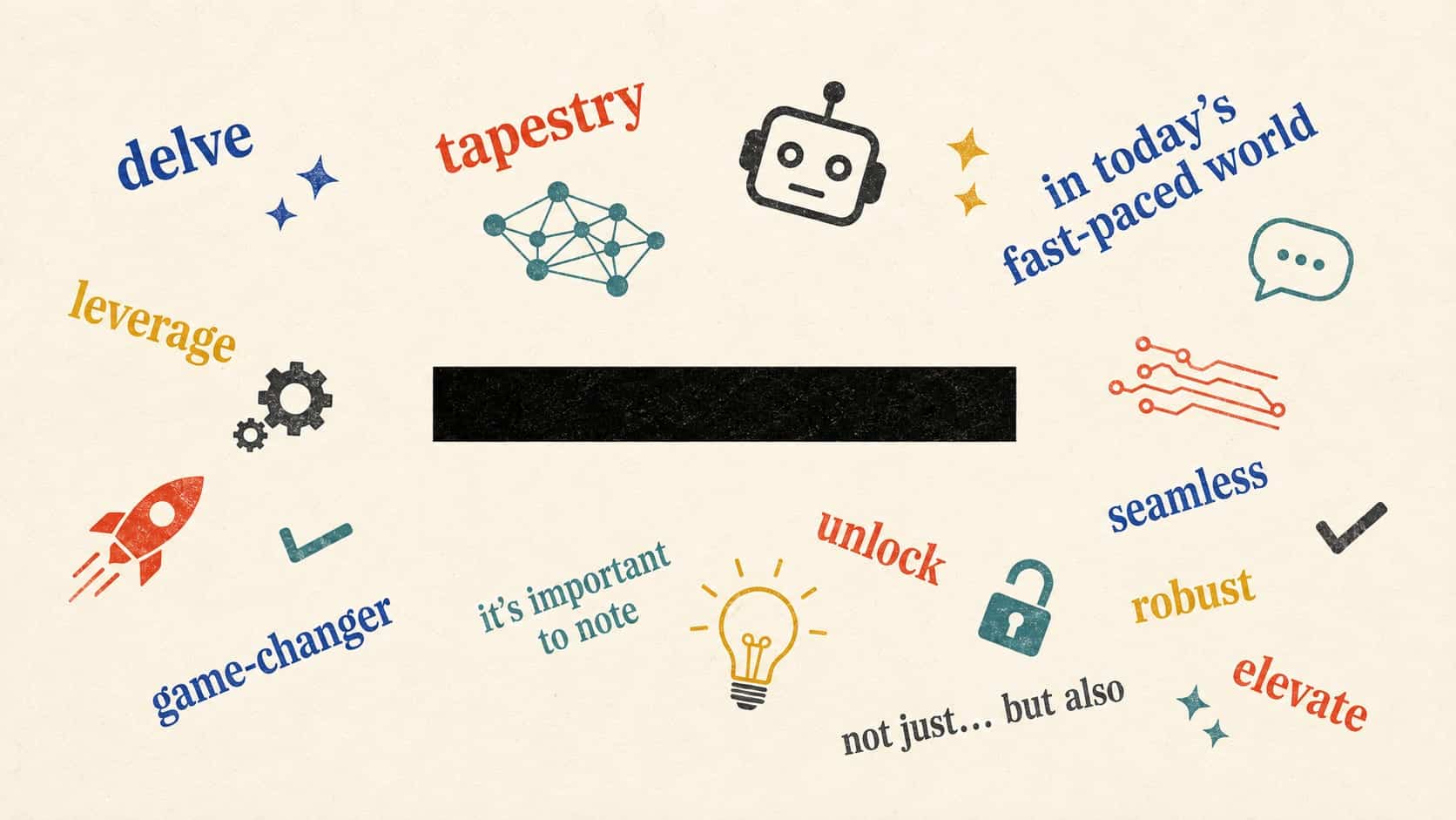 AI writing clichés and symbols orbiting a giant black em dash